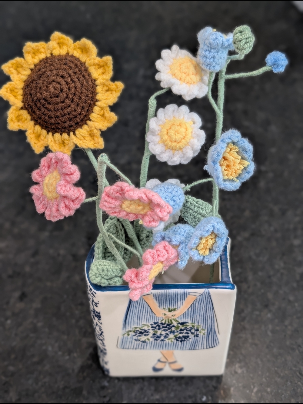 Handmade Crocheted Flower Bouquet With Book Vase